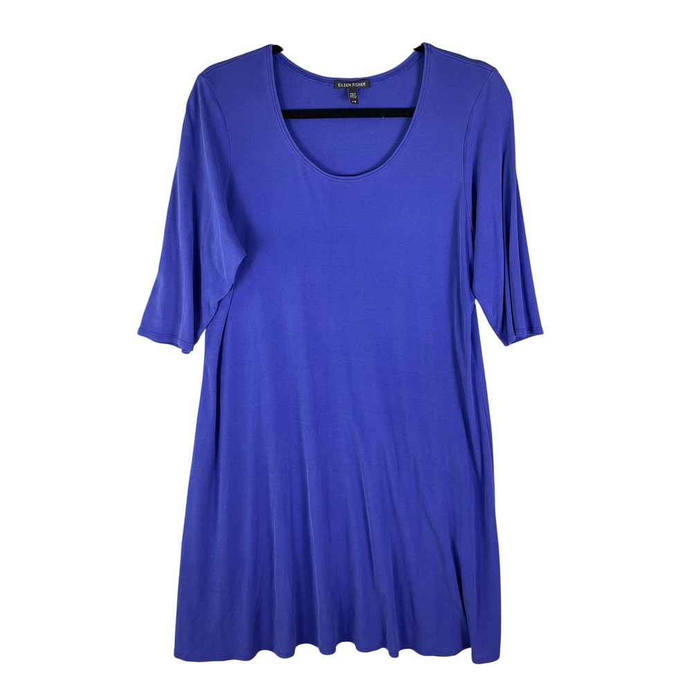 Eileen Fisher Silk Jersey Tunic Dress Womens L Blue VGUC Scoop Neck Elbow Sleeve